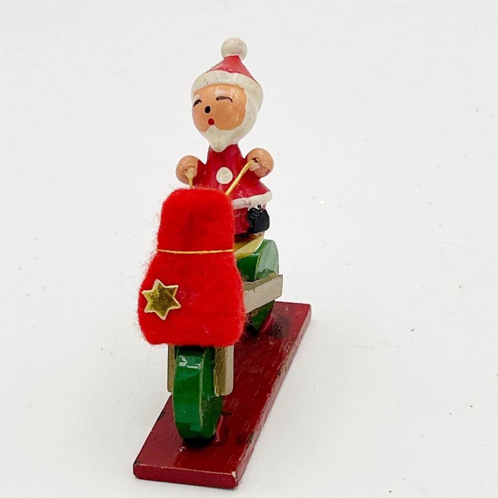 Vintage Lefton Santa on Wooden Bike with Sack Figurine Christmas Taiwan Folk Art